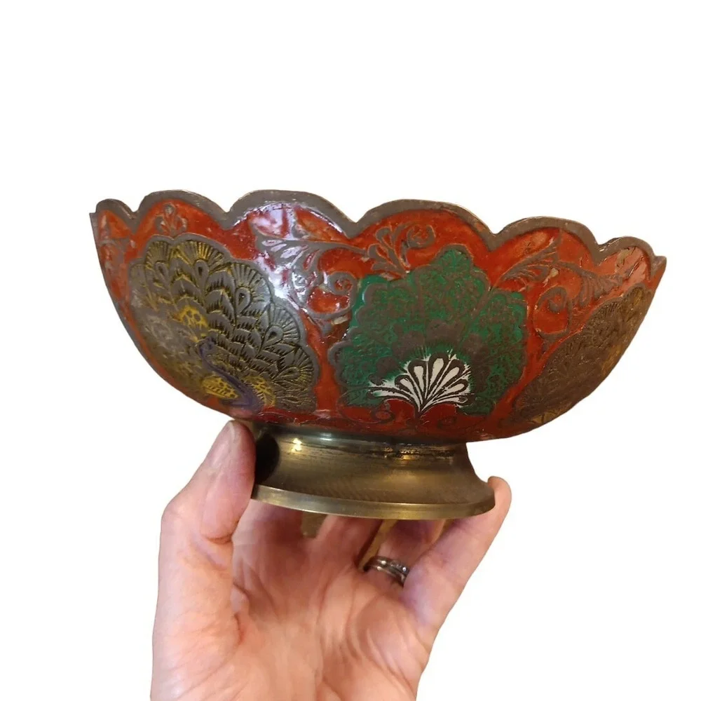 Solid Enameled Brass Peacock Bird Vintage Pedestal Decorative Bowl 6.5